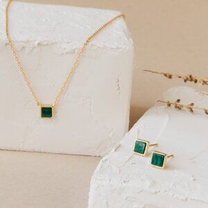 NWOT - Caitlyn Minimalist Malachite Necklace & Earrings - 18K Gold Plated Silver